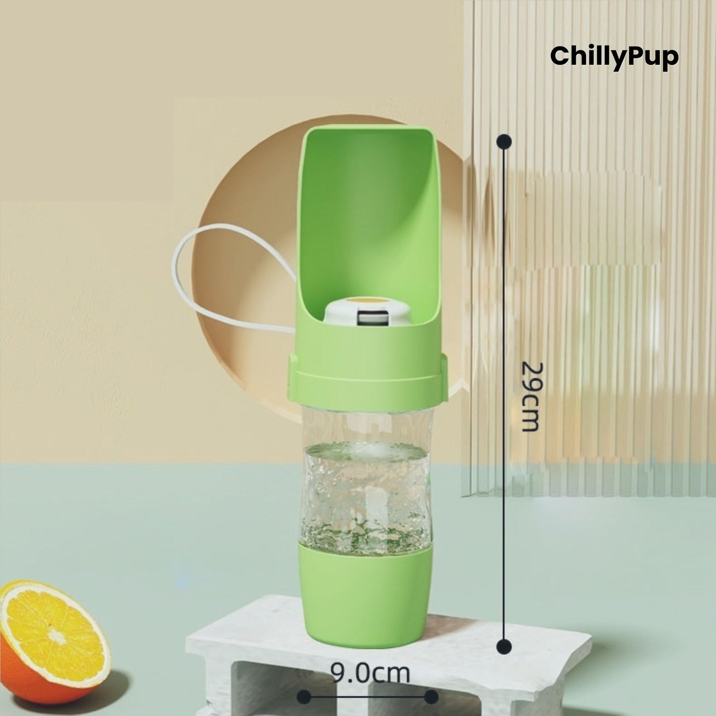 Portable dog water bottle with measurement details on a light background, featuring the brand 'ChillyPup'.