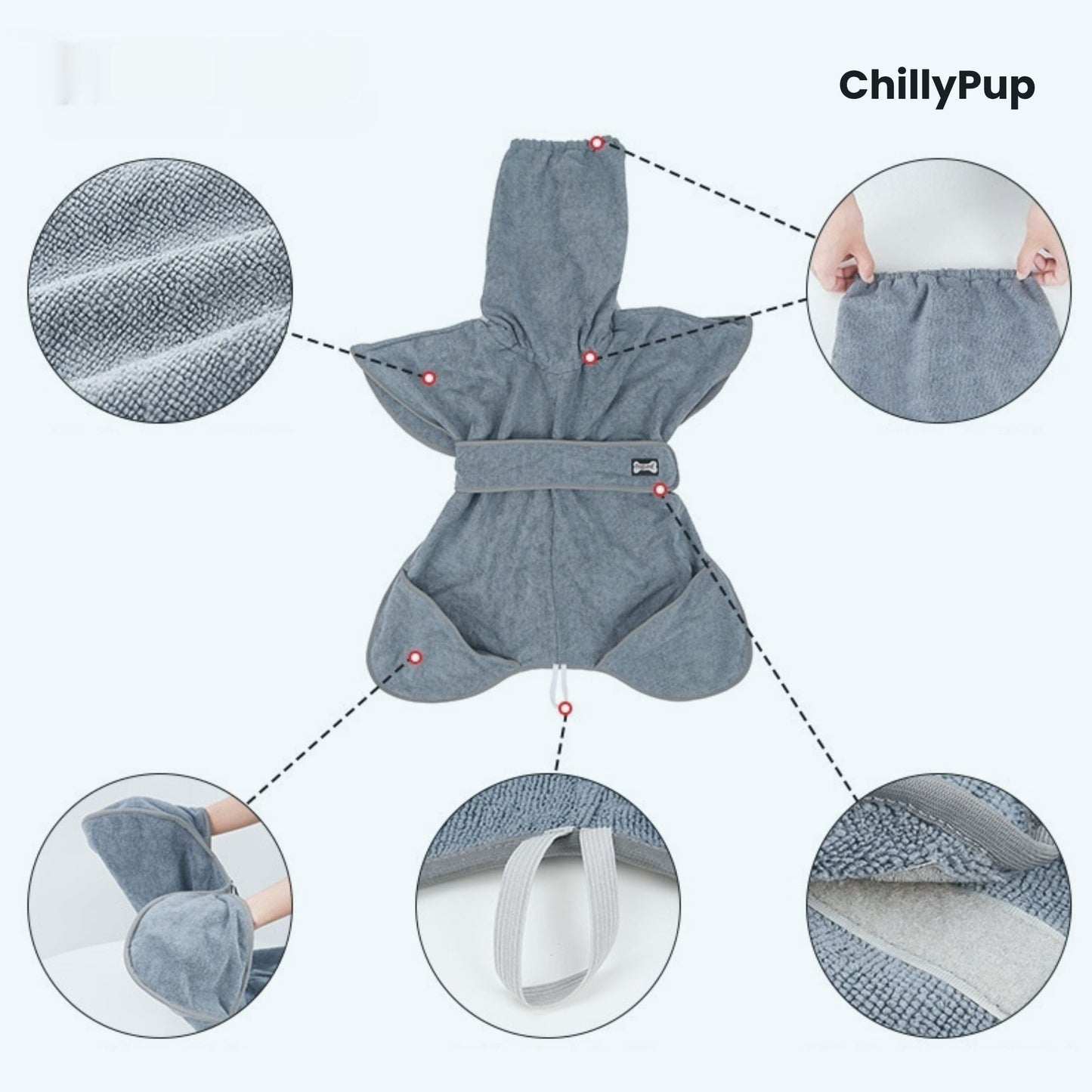 Dog robe with ChillyPup branding, showing different parts and materials.