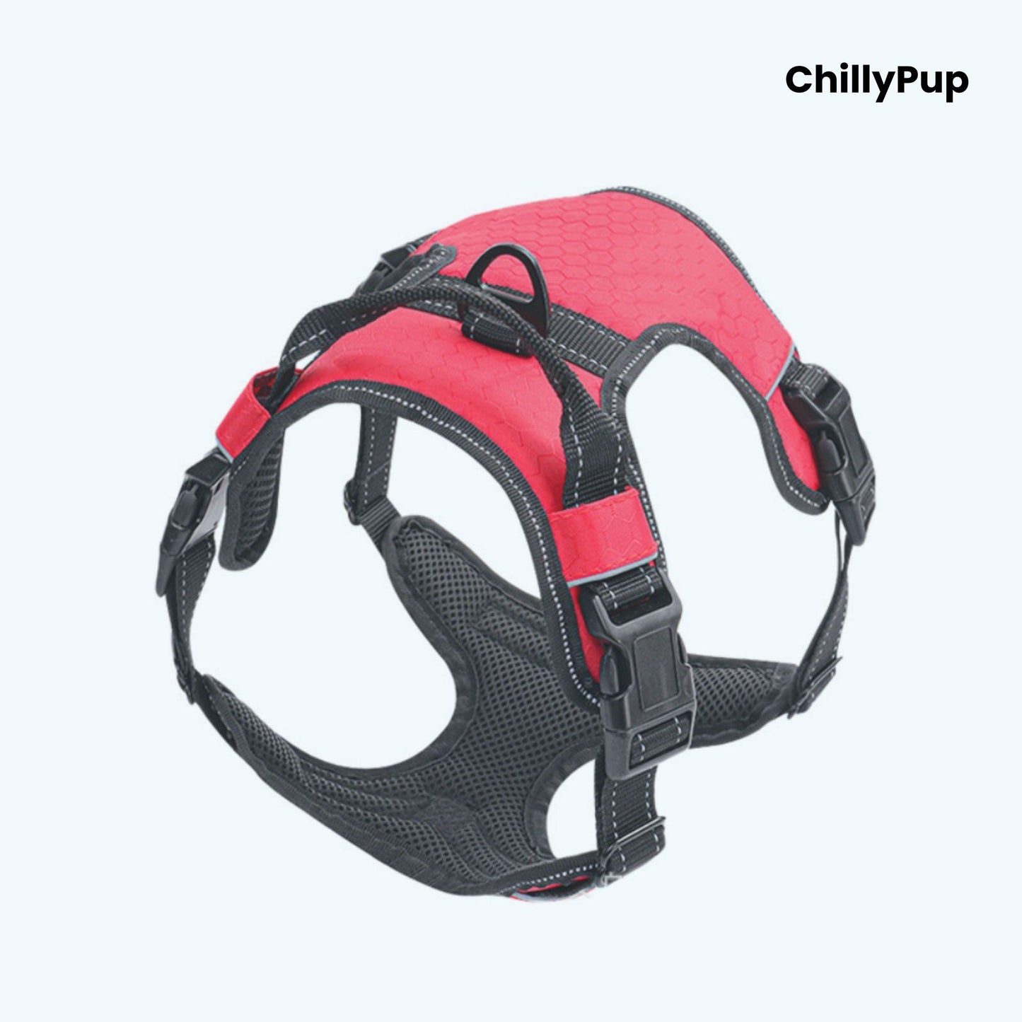Red and black dog harness on a white background with 'ChillyPup' branding