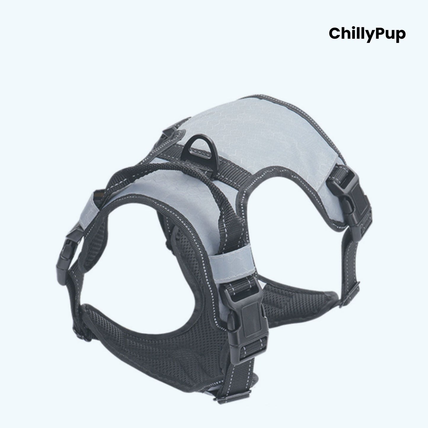 grey and black dog harness on a white background with 'ChillyPup' branding