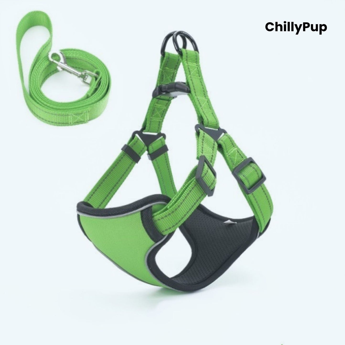 Green dog harness and lead set with 'ChillyPup' branding on a white background