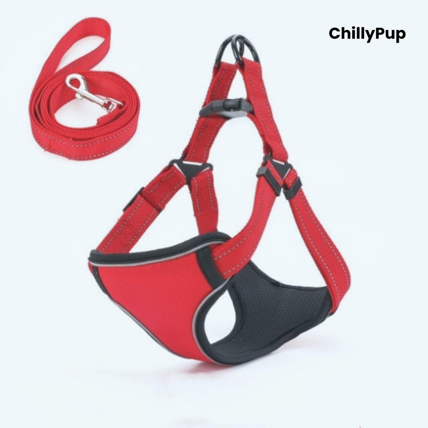 Red dog harness and lead set with 'ChillyPup' branding on a white background