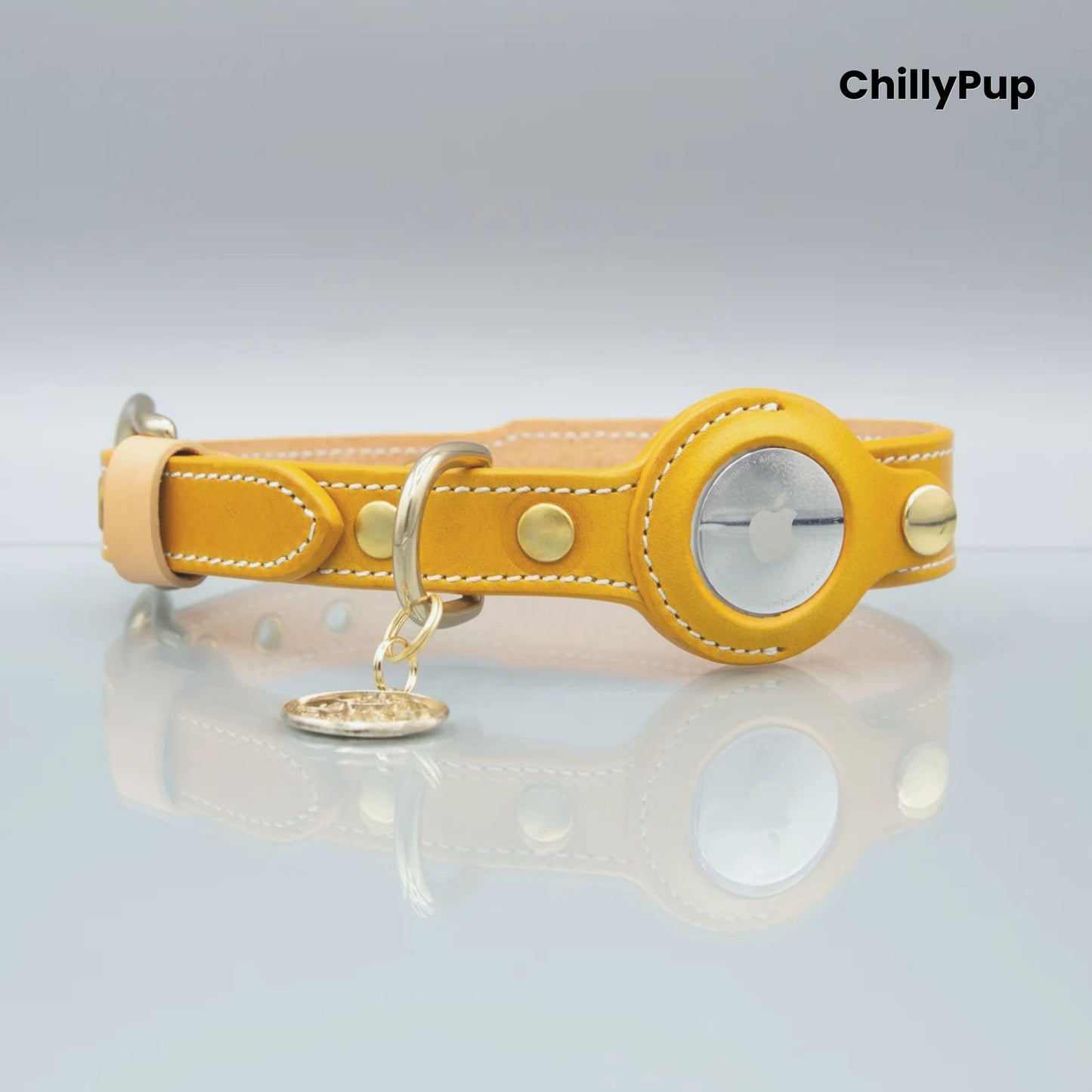 Yellow leather dog collar with gold accents on a reflective surface, branded 'ChillyPup'.