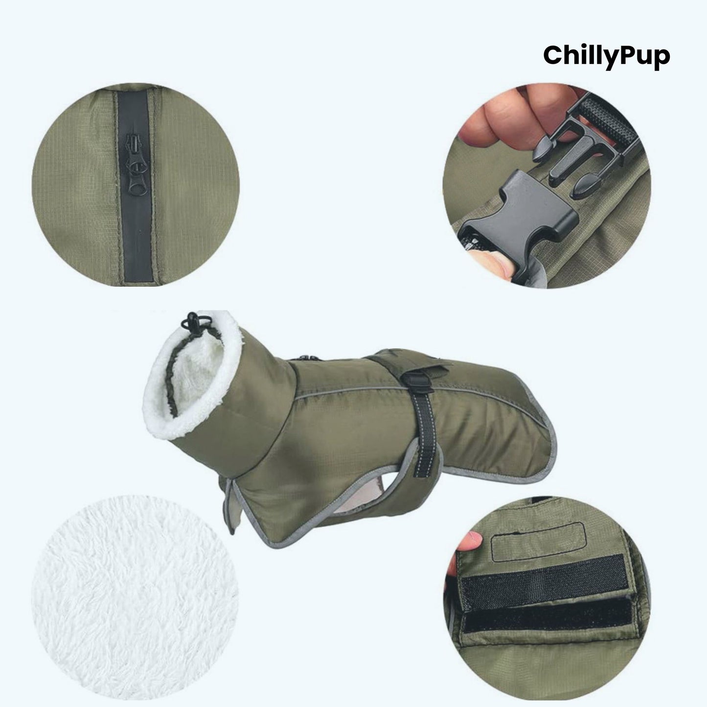 Green dog coat with close-up details on a white background, featuring the brand 'ChillyPup'.