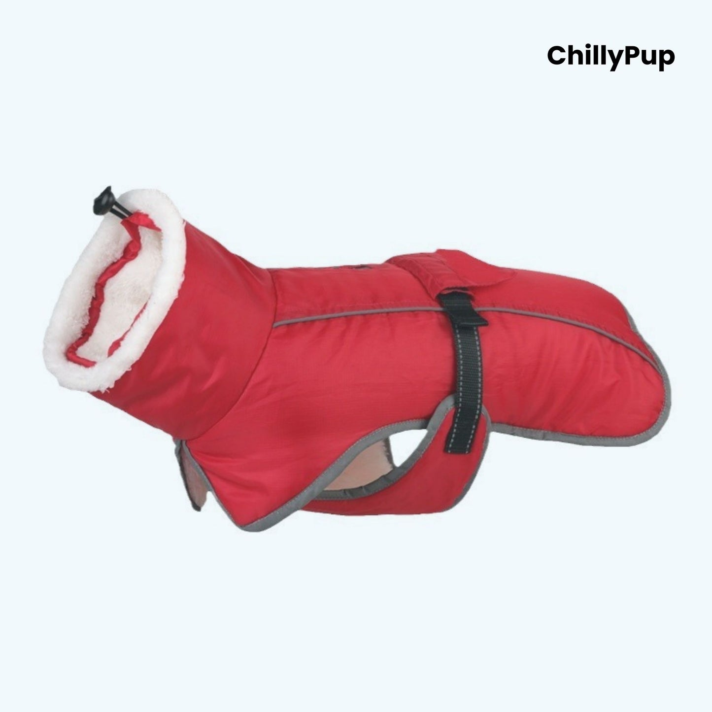 Red dog coat with white fur lining on a white background, branded 'ChillyPup'.