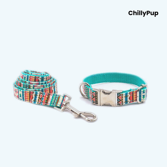 Dog collar and Lead set with colorful pattern on a white background, branded 'ChillyPup'.
