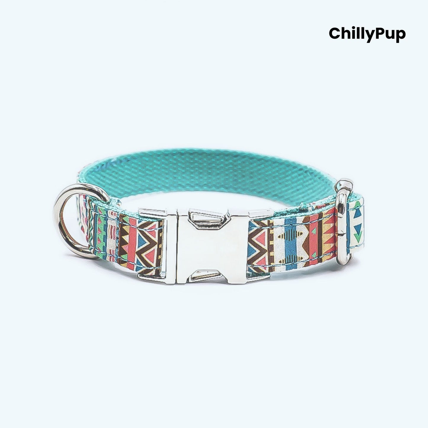 Dog collar with colorful pattern on a white background, branded 'ChillyPup'.