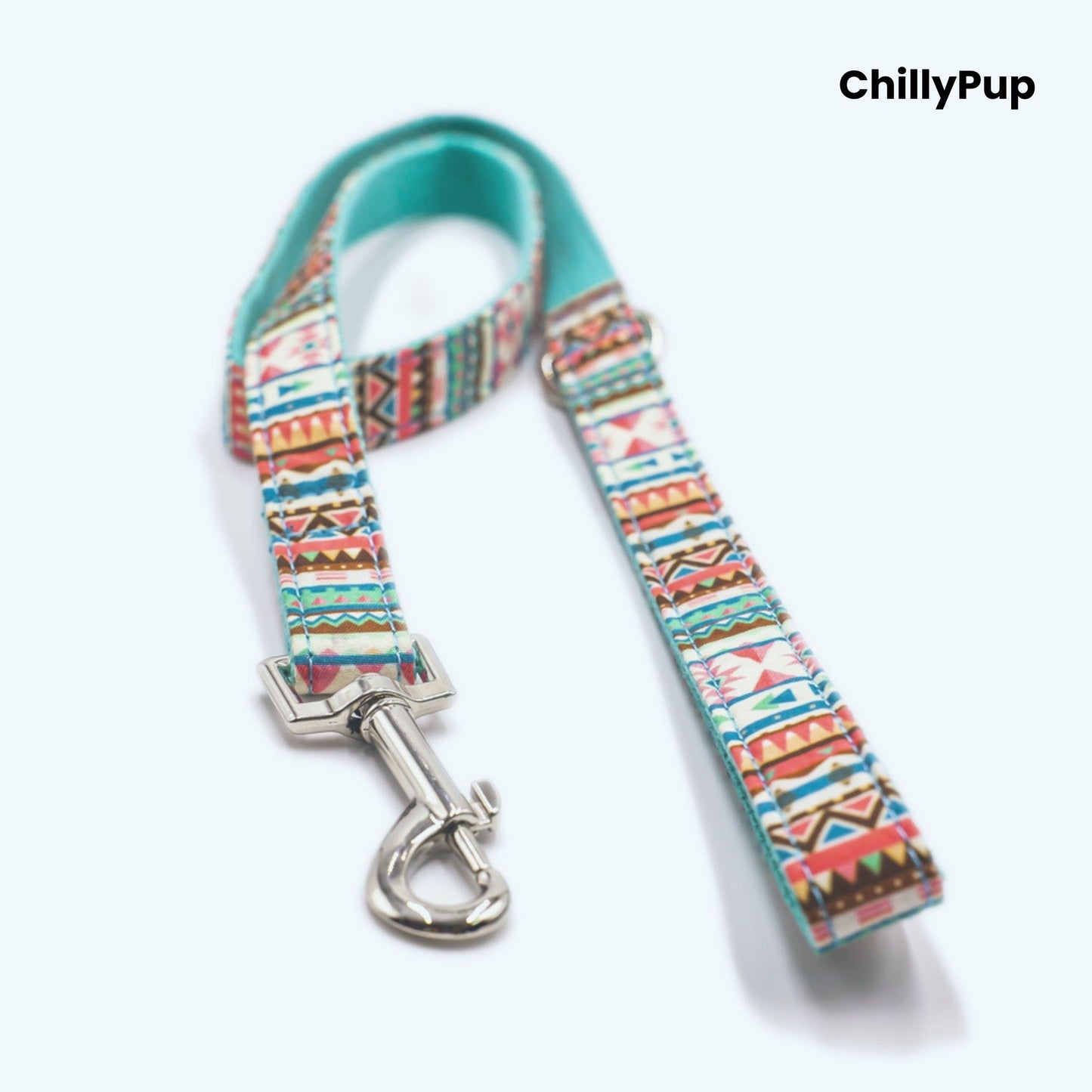 Dog Lead set with colorful pattern on a white background, branded 'ChillyPup'.
