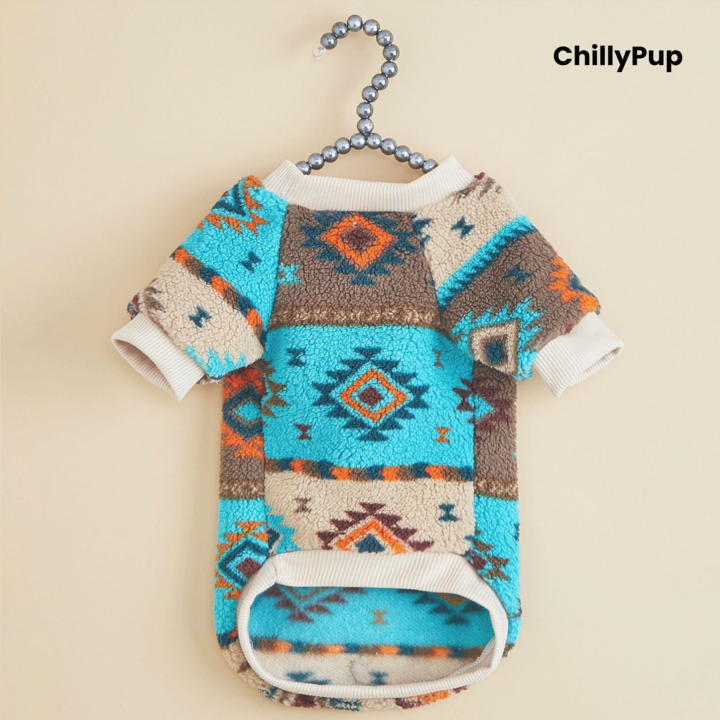 Aztec Sherpa Dog Jumper on a cream background with Chillypup branding
