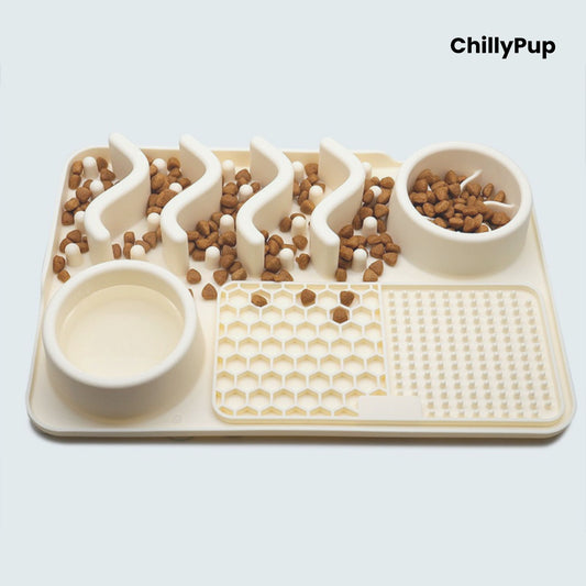 Beige pet feeding mat with two bowls on a light grey background, branded 'ChillyPup'.