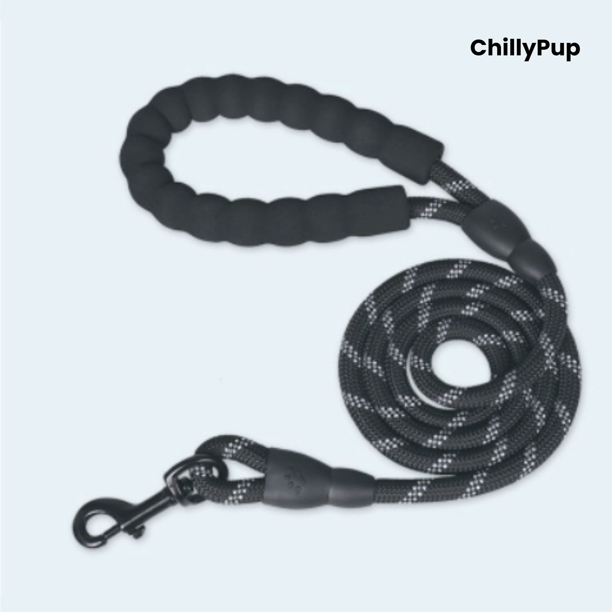 Black dog Lead with black handle and clip on a white background, branded 'ChillyPup'.