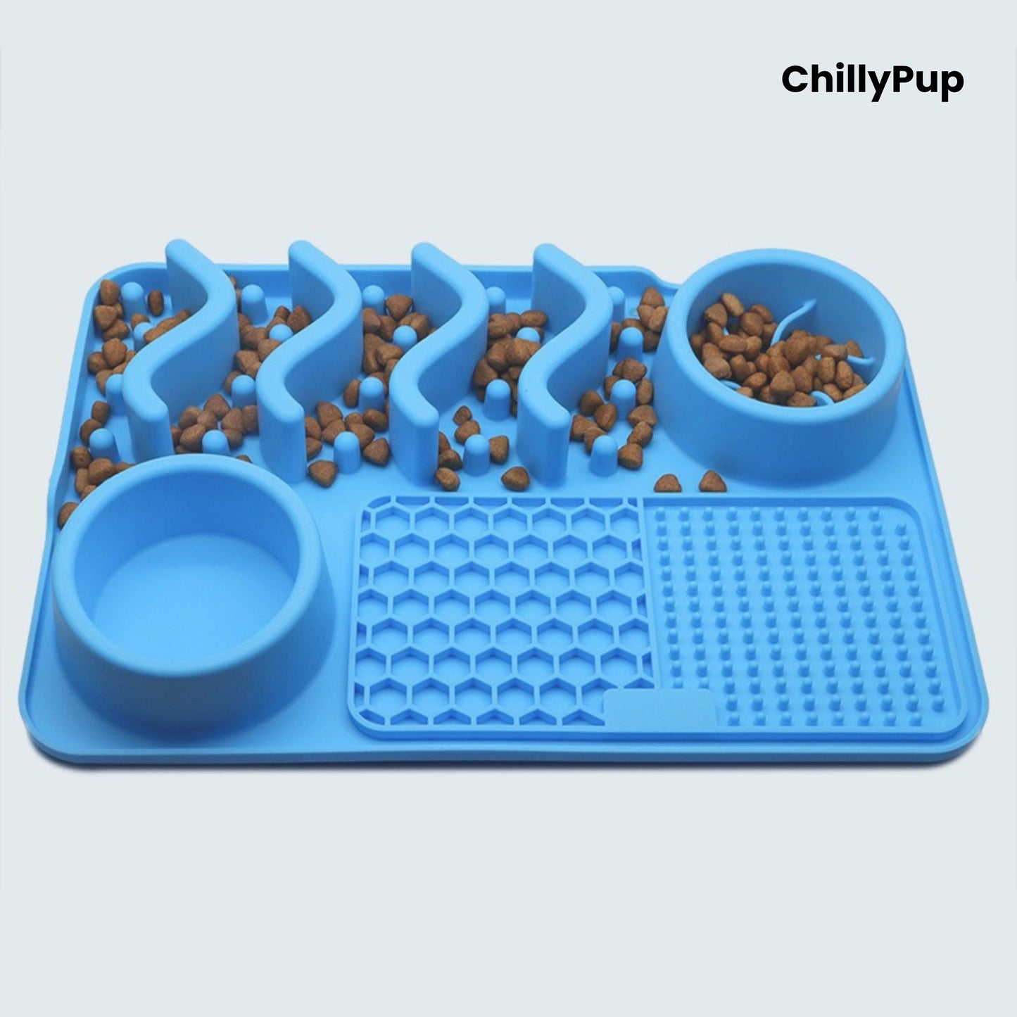 Blue pet feeding mat with two bowls on a light grey background, branded 'ChillyPup'.