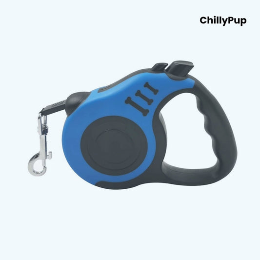 Black and blue retractable dog lead with 'ChillyPup' branding on a white background