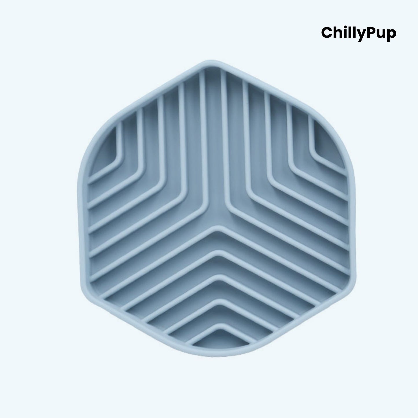 Hexagonal silicone mat with zigzag pattern on a light grey background, branded 'ChillyPup'.