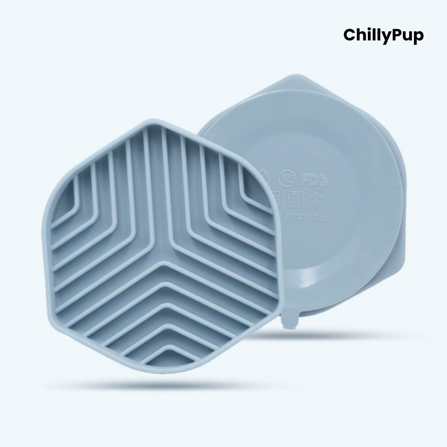 Hexagonal silicone mat with zigzag pattern on a light grey background, branded 'ChillyPup'.