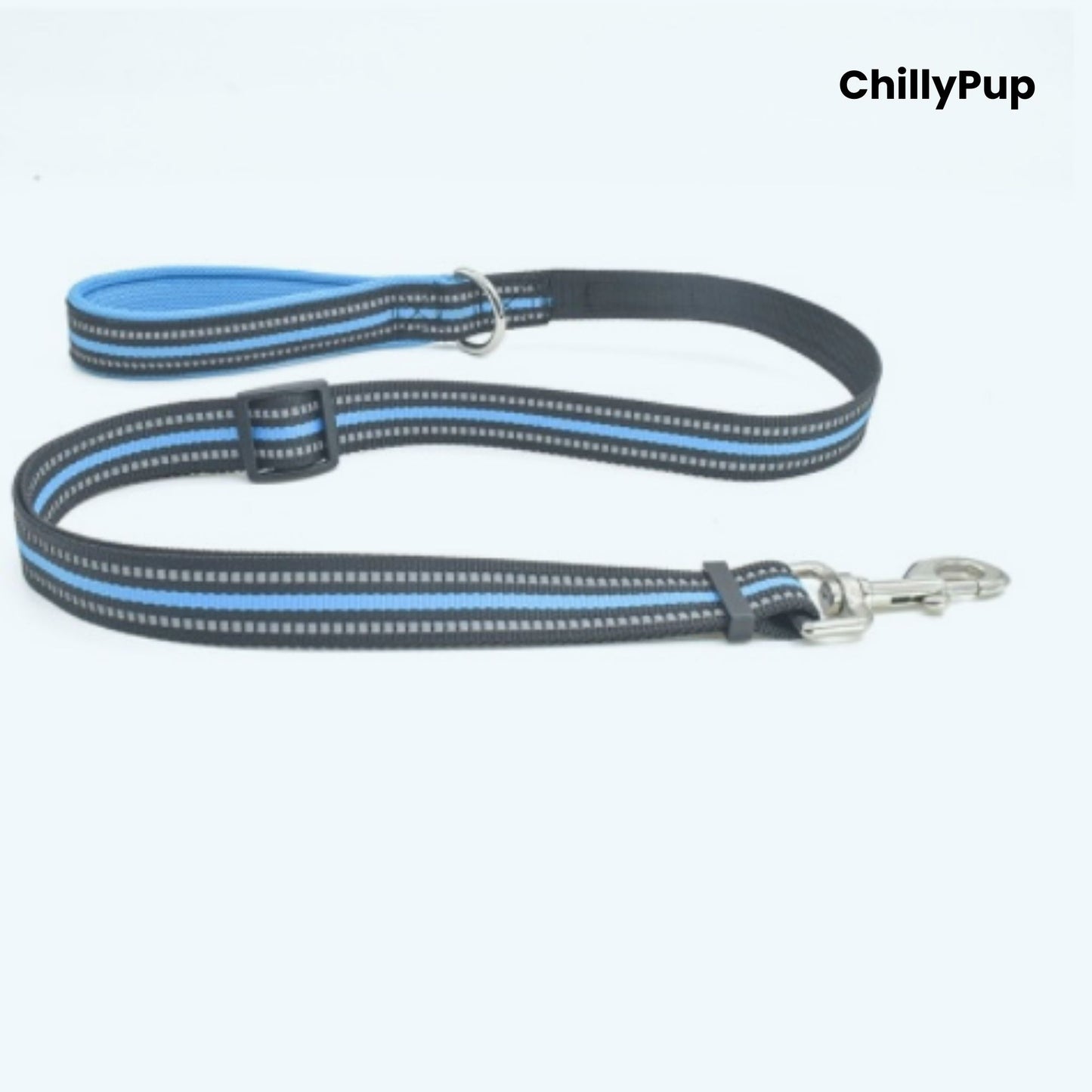 Dog Lead with Blue and grey pattern on a white background, branded 'ChillyPup'.