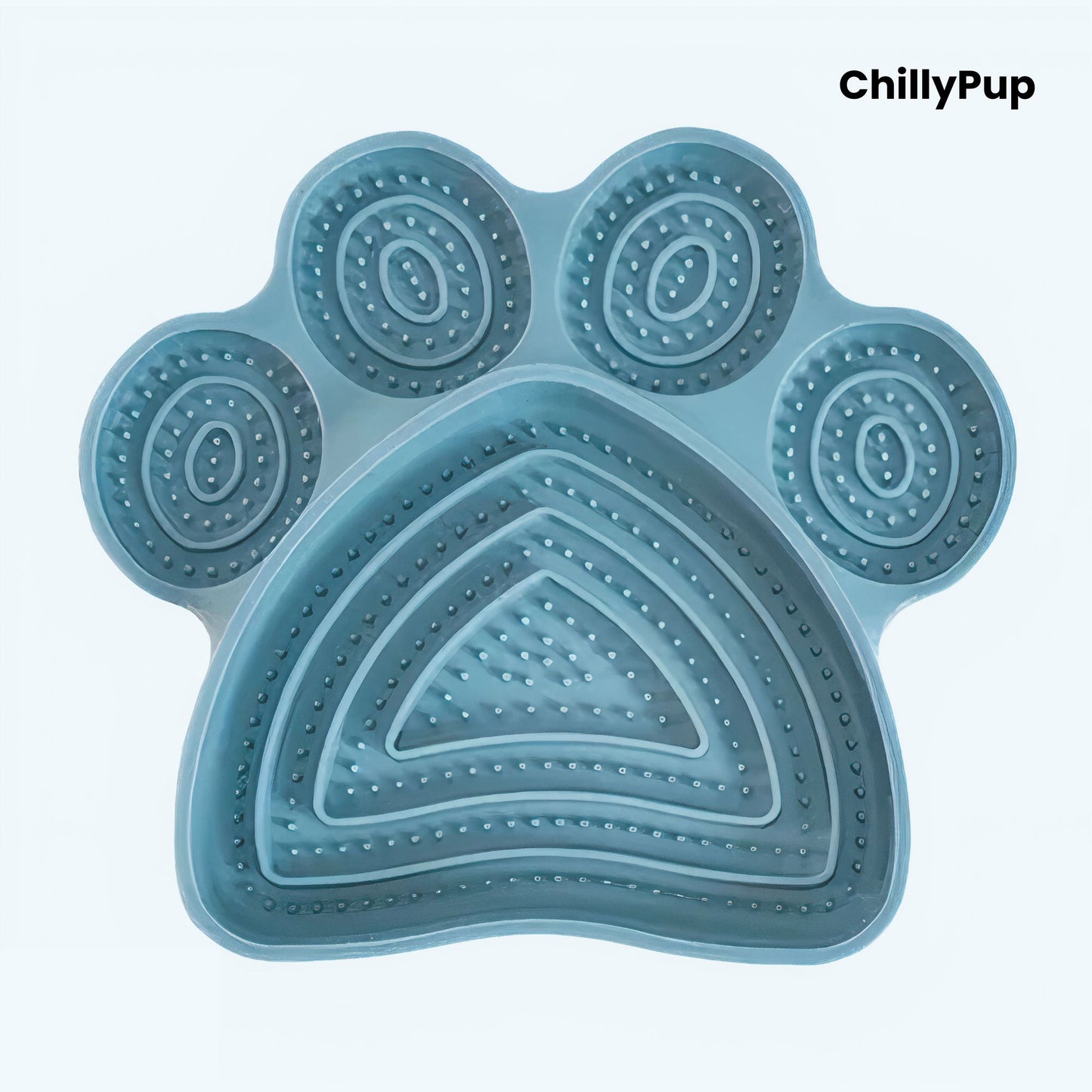 Blue paw-shaped pet lick pad with 'ChillyPup' branding on a white background