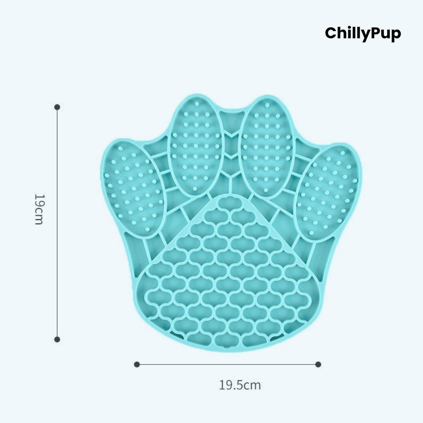 Teal paw-shaped silicone mat with textured surface sizes on a light blue background, branded 'ChillyPup'.