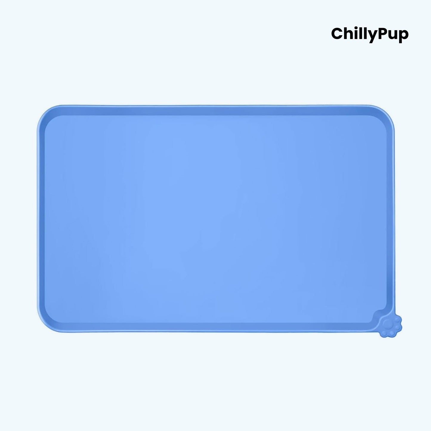Blue silicone mat with 'ChillyPup' branding on a white background