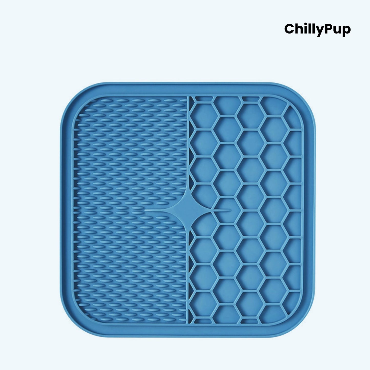 Blue silicone mat with textured surface and honeycomb pattern on a white background, branded 'ChillyPup'.