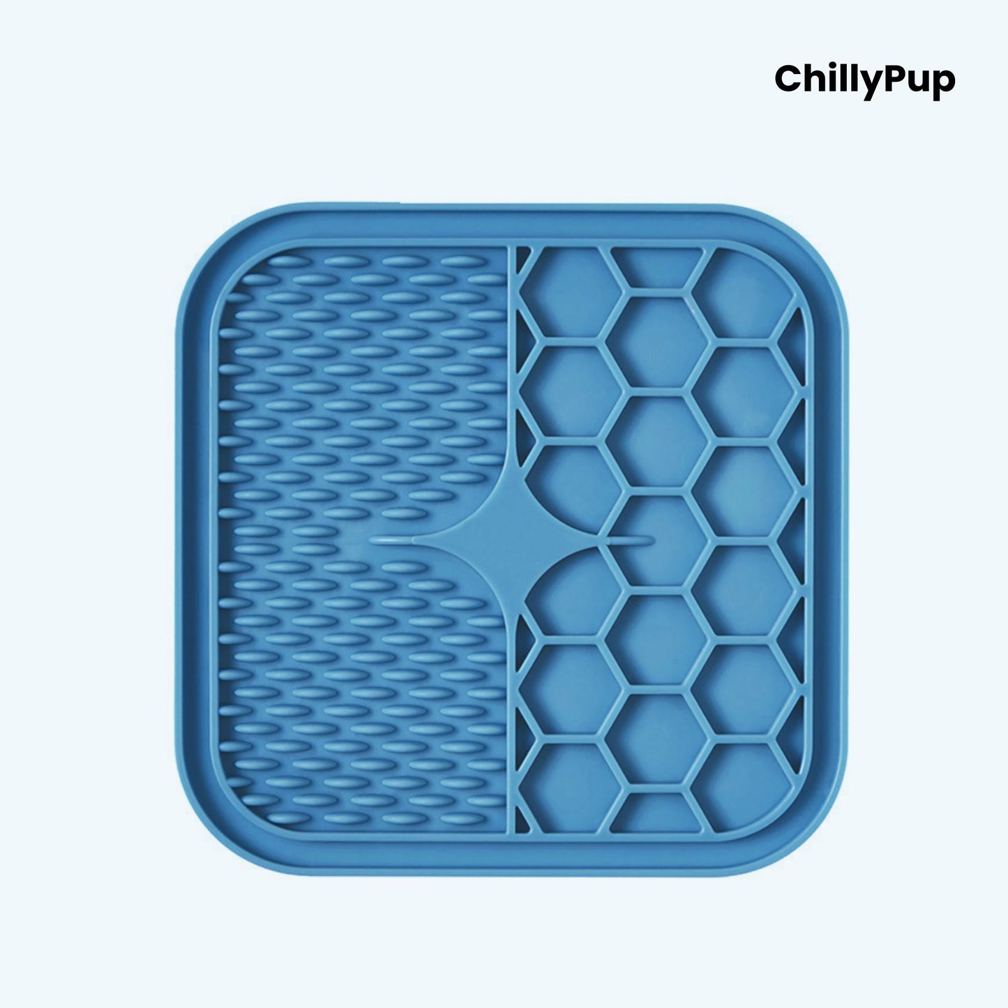 Blue silicone mat with textured surface and honeycomb pattern on a white background, branded 'ChillyPup'.