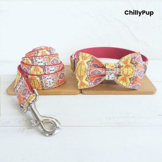 Dog collar with colourful pattern and metallic clasp on a white background, branded 'ChillyPup'.