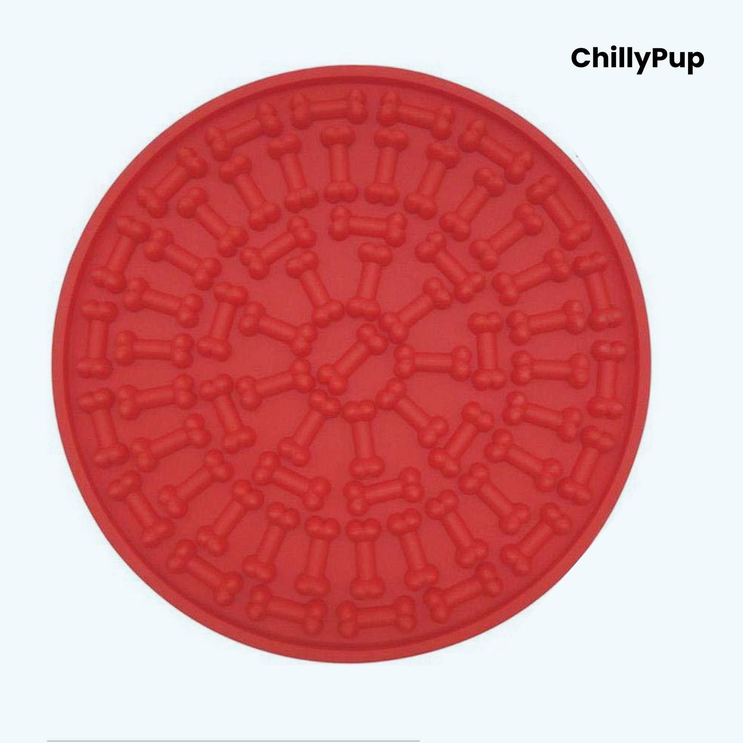 Blue silicone lick mat with bone pattern on a white background, branded 'ChillyPup'.