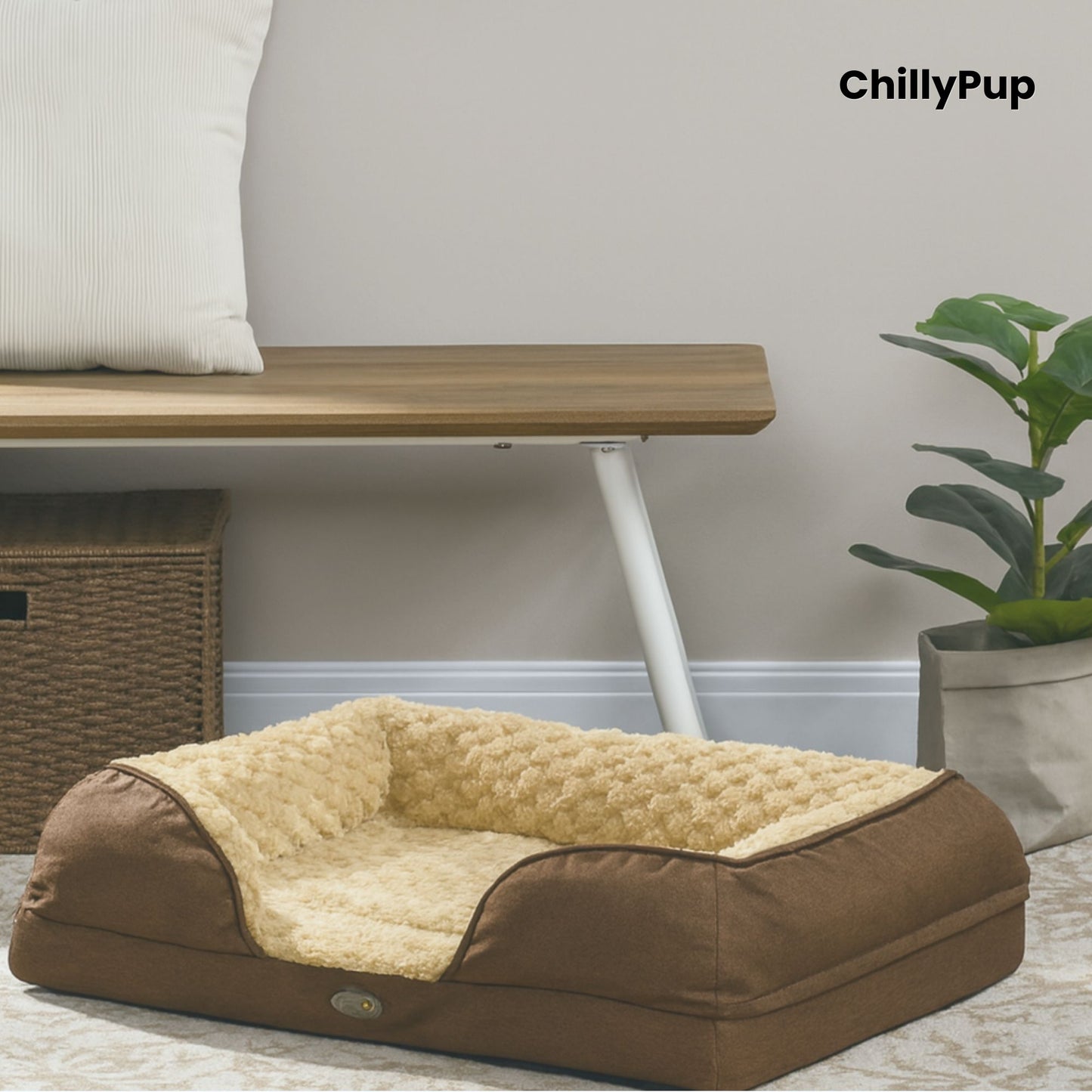 Brown pet bed with beige cushion on a wooden floor, 'ChillyPup' brand visible.