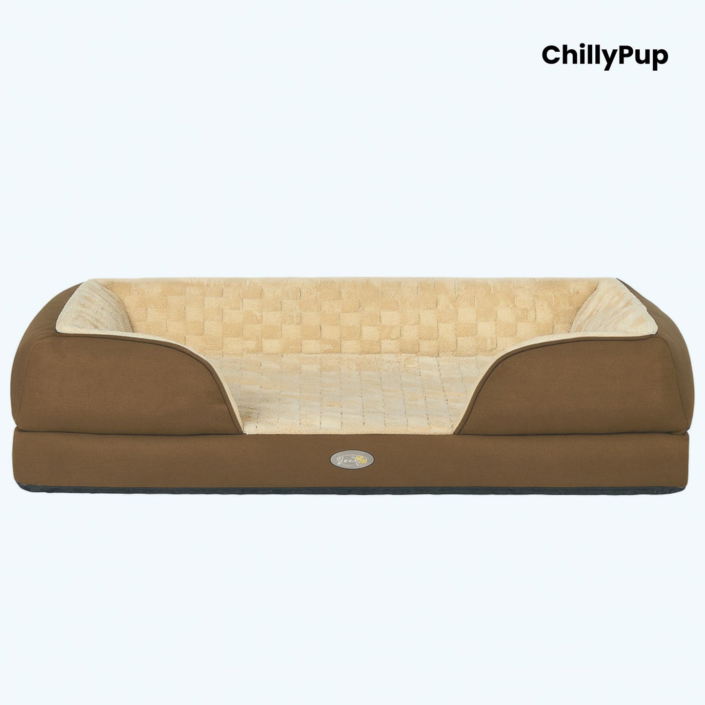 Brown pet bed with quilted beige interior on a white background, branded 'ChillyPup'.