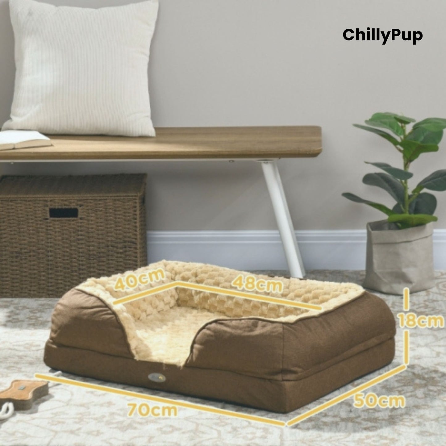 Brown pet bed with measurements on a neutral background, featuring the brand 'ChillyPup'.