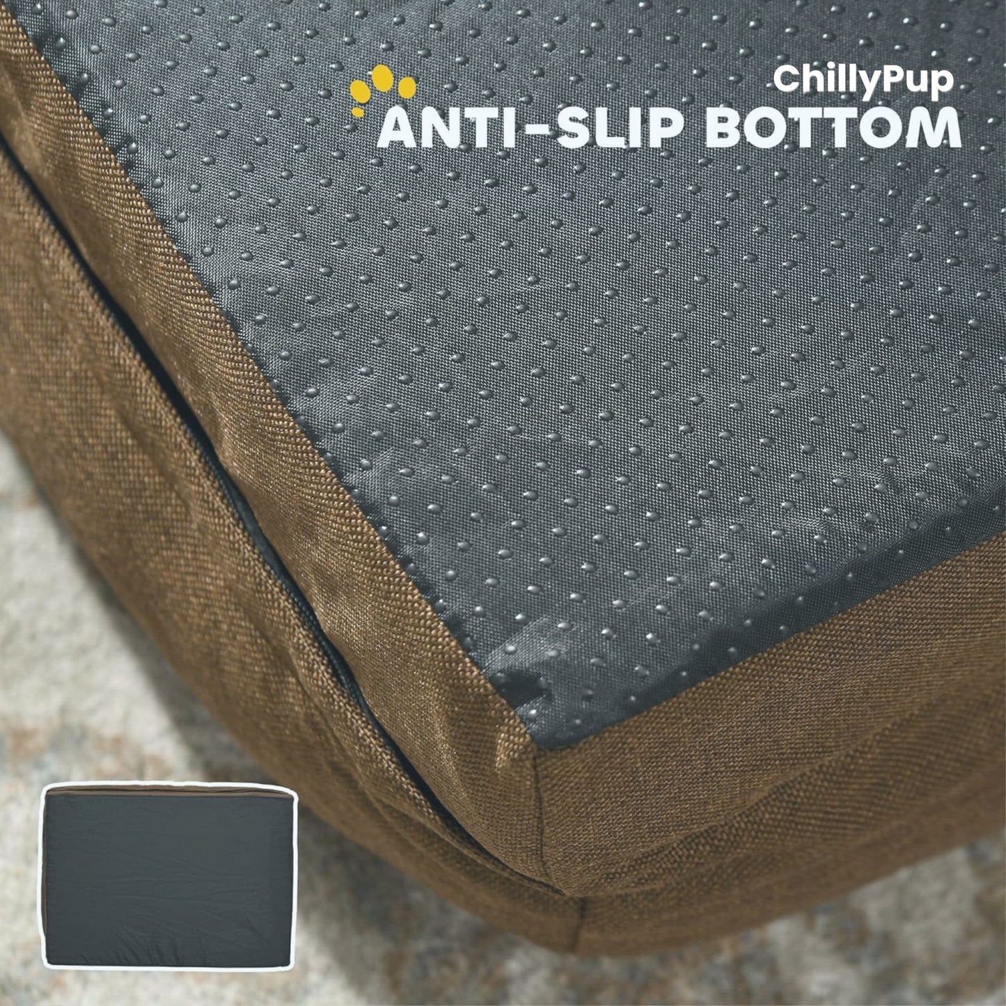 Dog bed with anti-slip bottom and ChillyPup branding on a textured surface.
