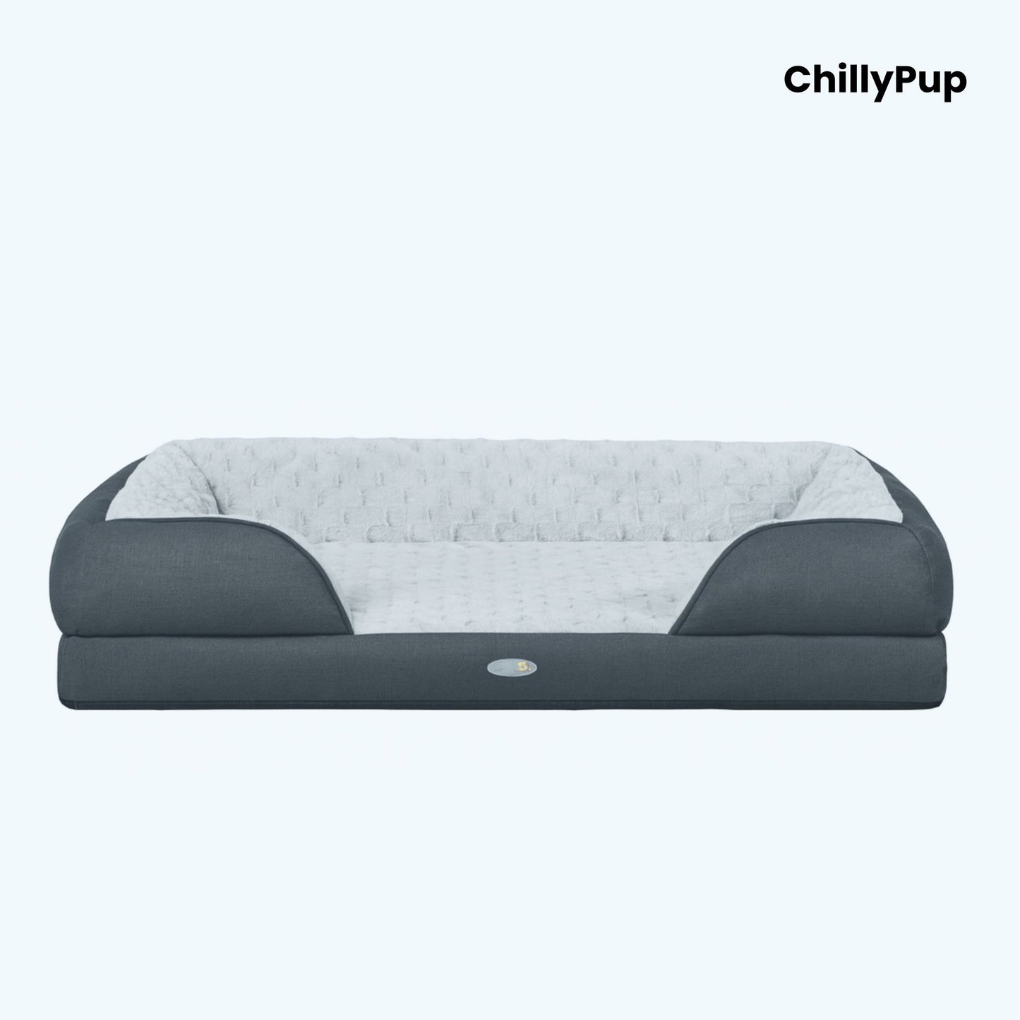 Grey pet bed with quilted design on a white background, branded 'ChillyPup'.