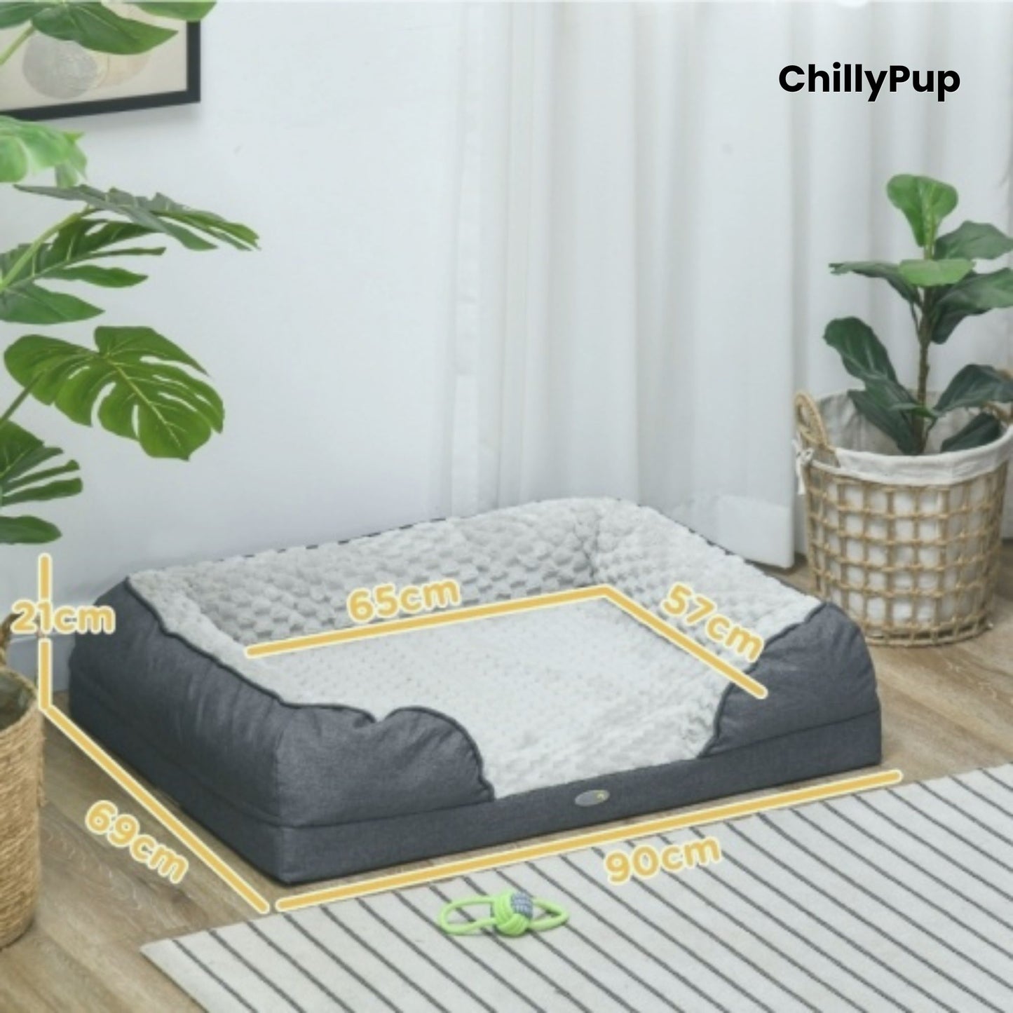 Dog bed with dimensions labelled, placed indoors with plants and a curtain in the background