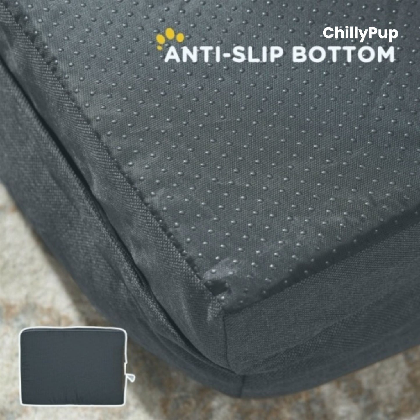 Close-up of a ChillyPup product with anti-slip bottom feature on a textured surface.