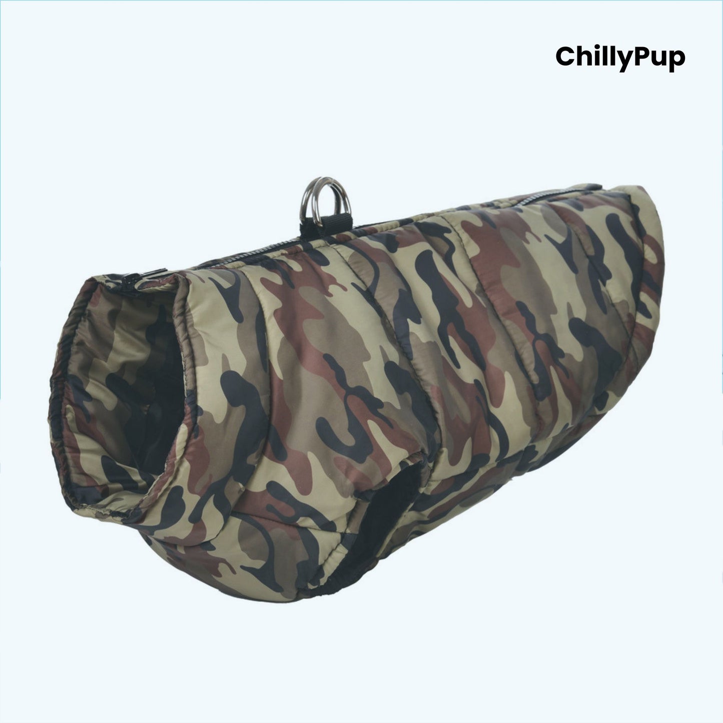 CamoGuard Padded Dog Coat with ChillyPup branding.