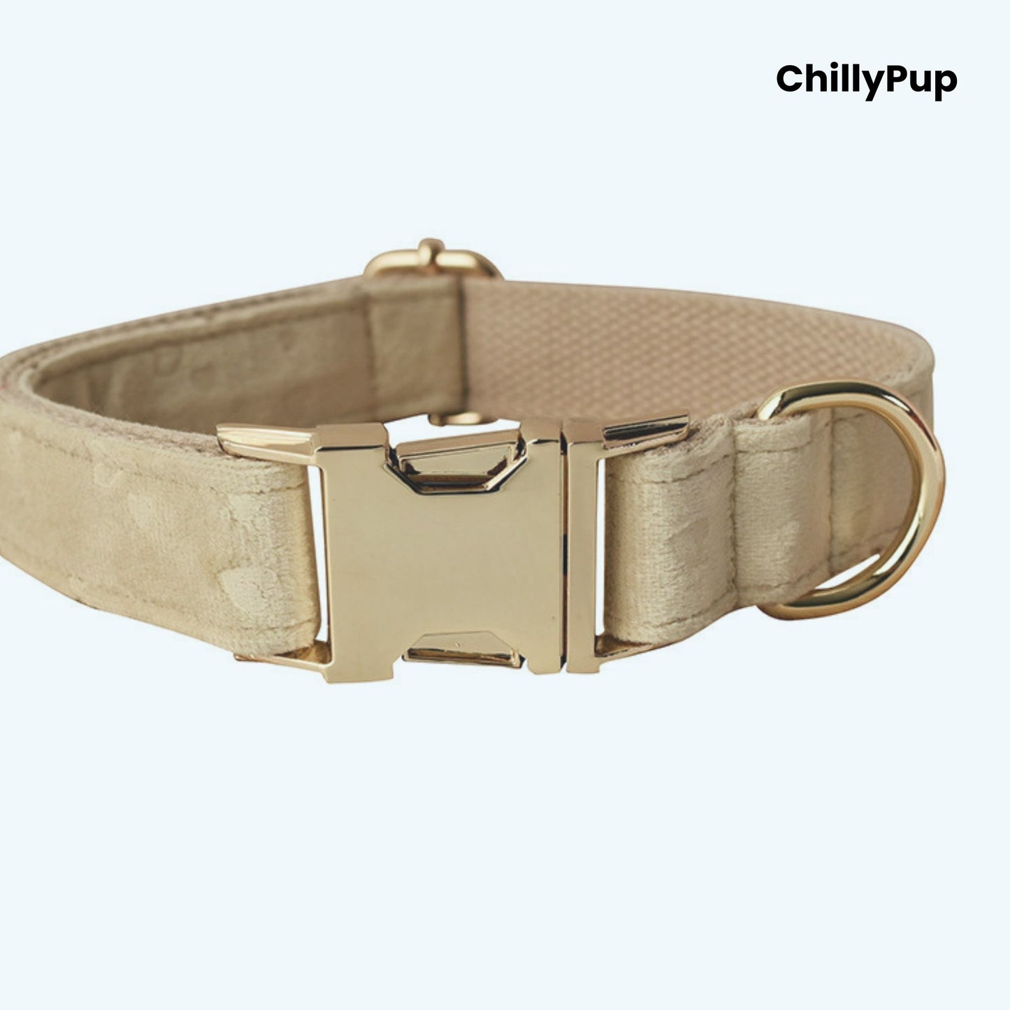 Beige dog collar on a white background, branded 'ChillyPup'.