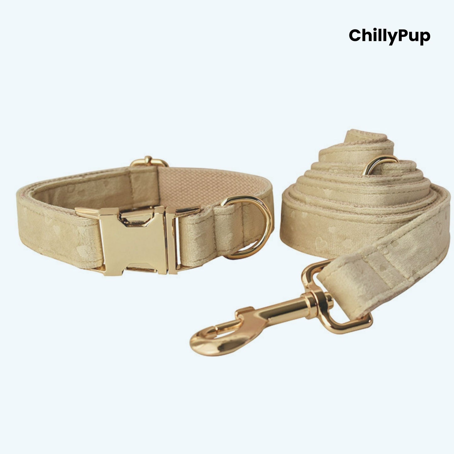 Beige dog collar and matching Lead on a white background, branded 'ChillyPup'.
