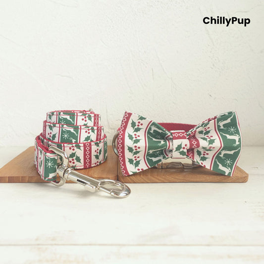 Dog collar, bow tie, and lead with Christmas pattern on a wooden board, branded 'ChillyPup'.
