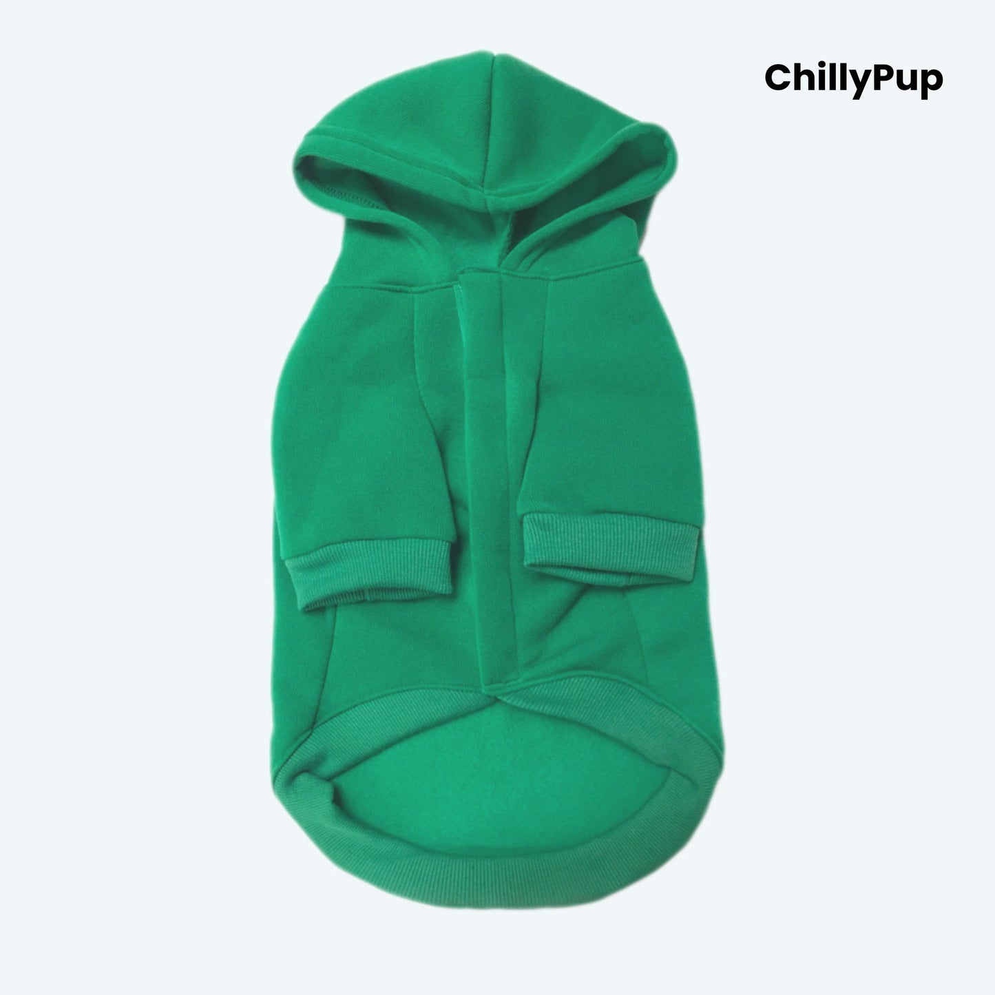 Green dog hoodie with reindeer design and 'ChillyPup' branding on a white background