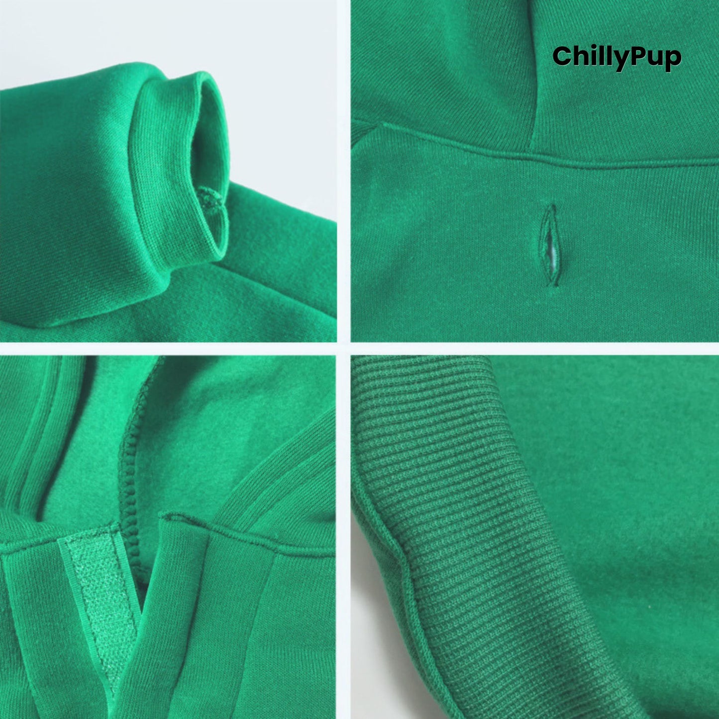Green dog hoodie with reindeer design and 'ChillyPup' branding on a white background