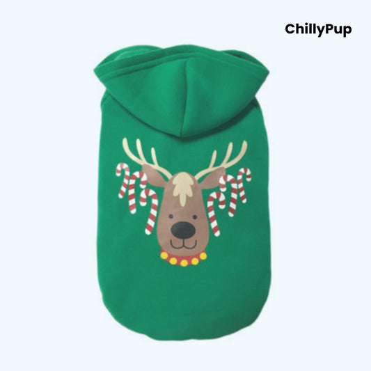 Green dog hoodie with reindeer design and 'ChillyPup' branding on a white background