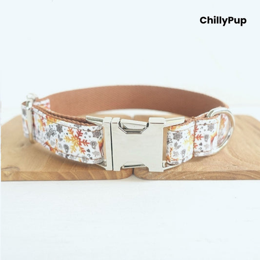Dog collar with Christmas pattern and silver hardware on a white background, branded 'ChillyPup'.