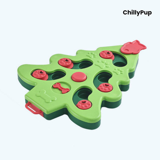 Green and red dog toy shaped like a Christmas tree on a white background with 'ChillyPup' branding.