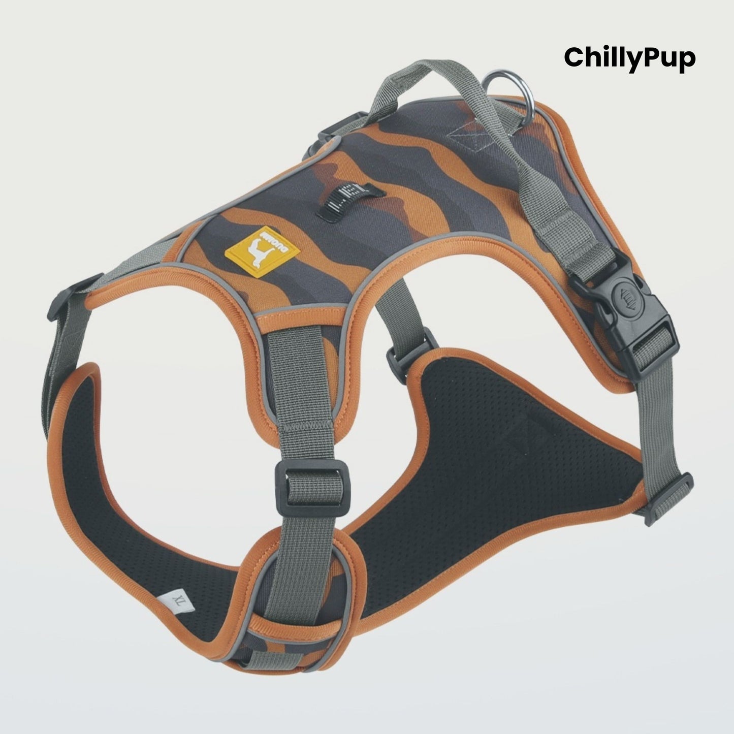 Dog harness with 'ChillyPup' branding on a light grey background