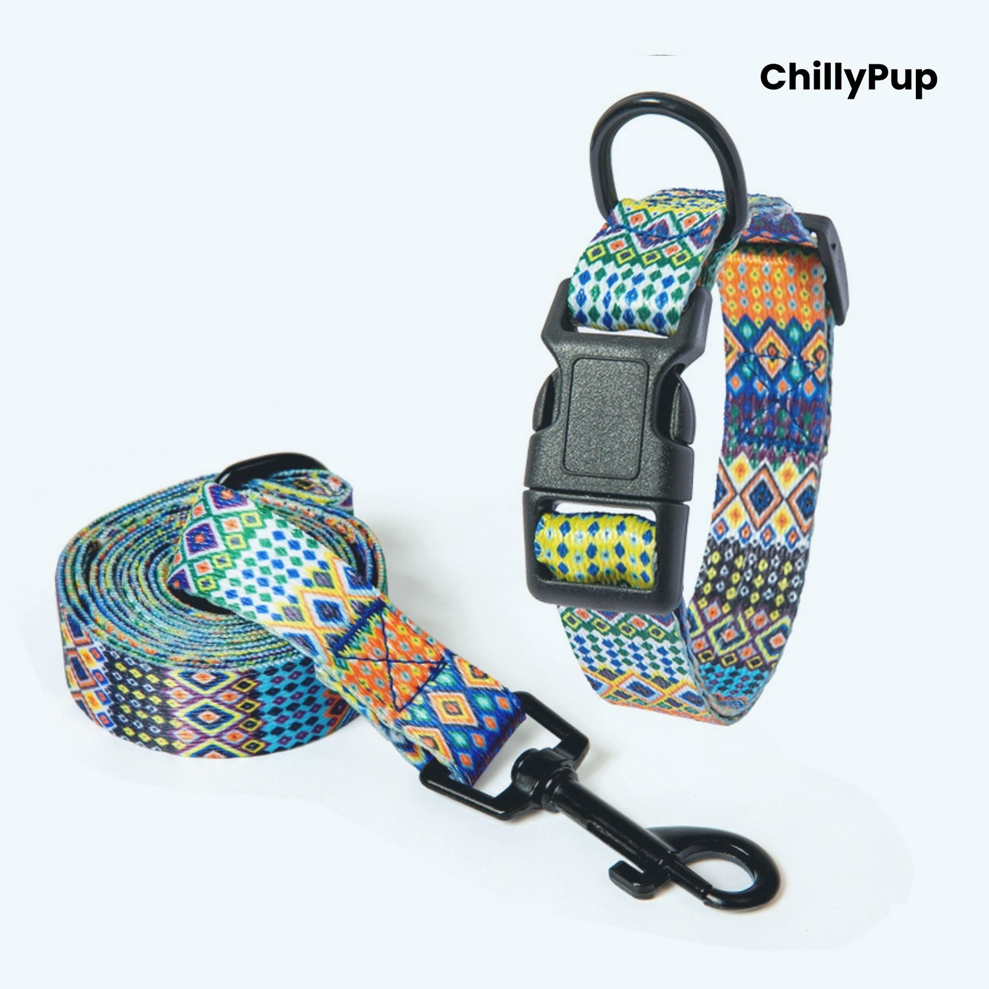 Colourful dog Lead and collar set with geometric pattern on a white background, branded 'ChillyPup'.
