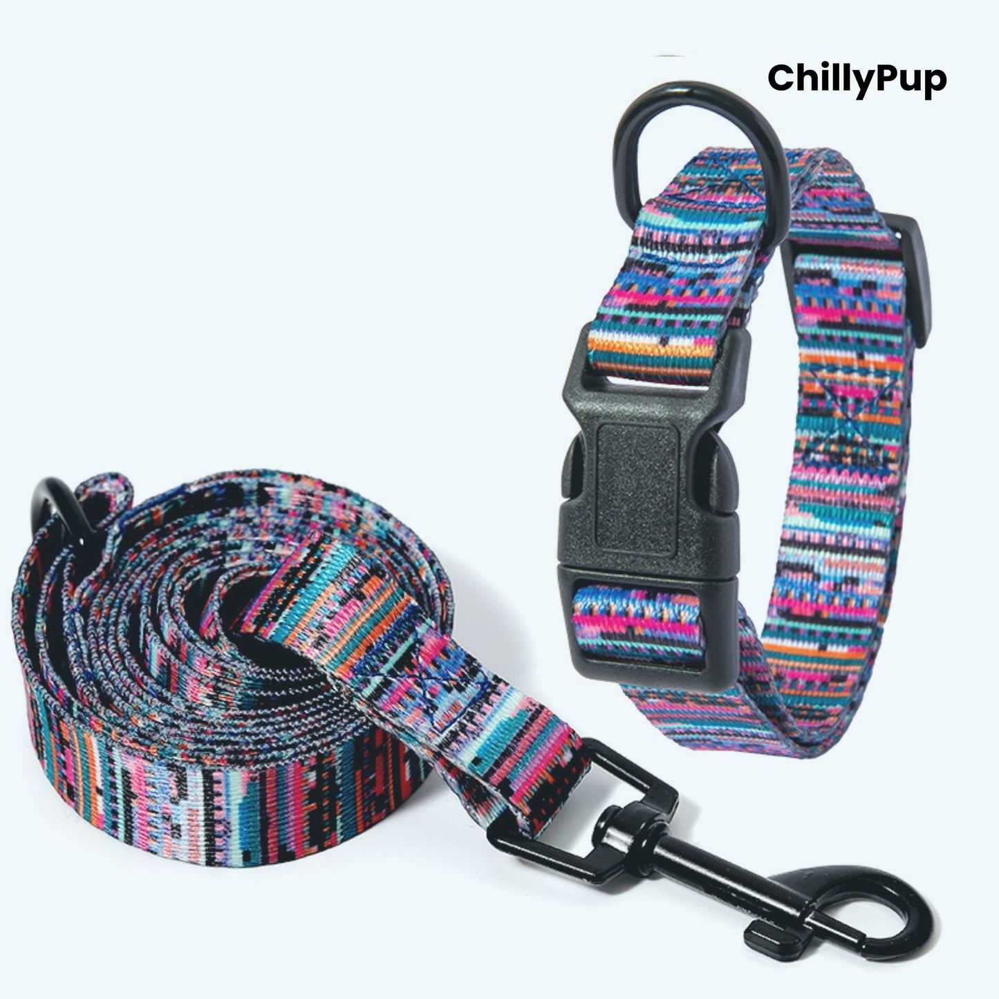 Colourful dog Lead and collar set with geometric pattern on a white background, branded 'ChillyPup'.