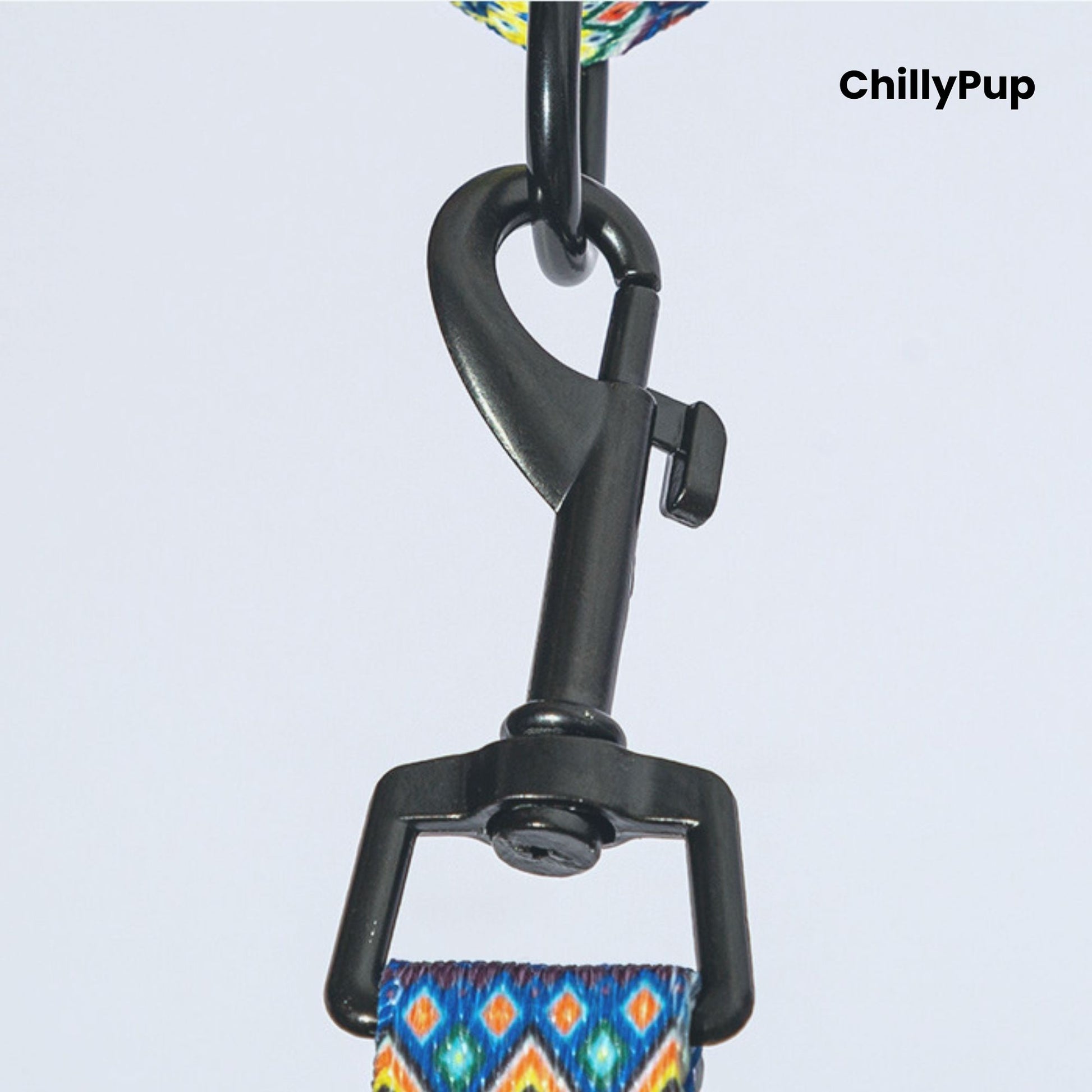 Colourful dog Lead and collar set with geometric pattern on a white background, branded 'ChillyPup'.