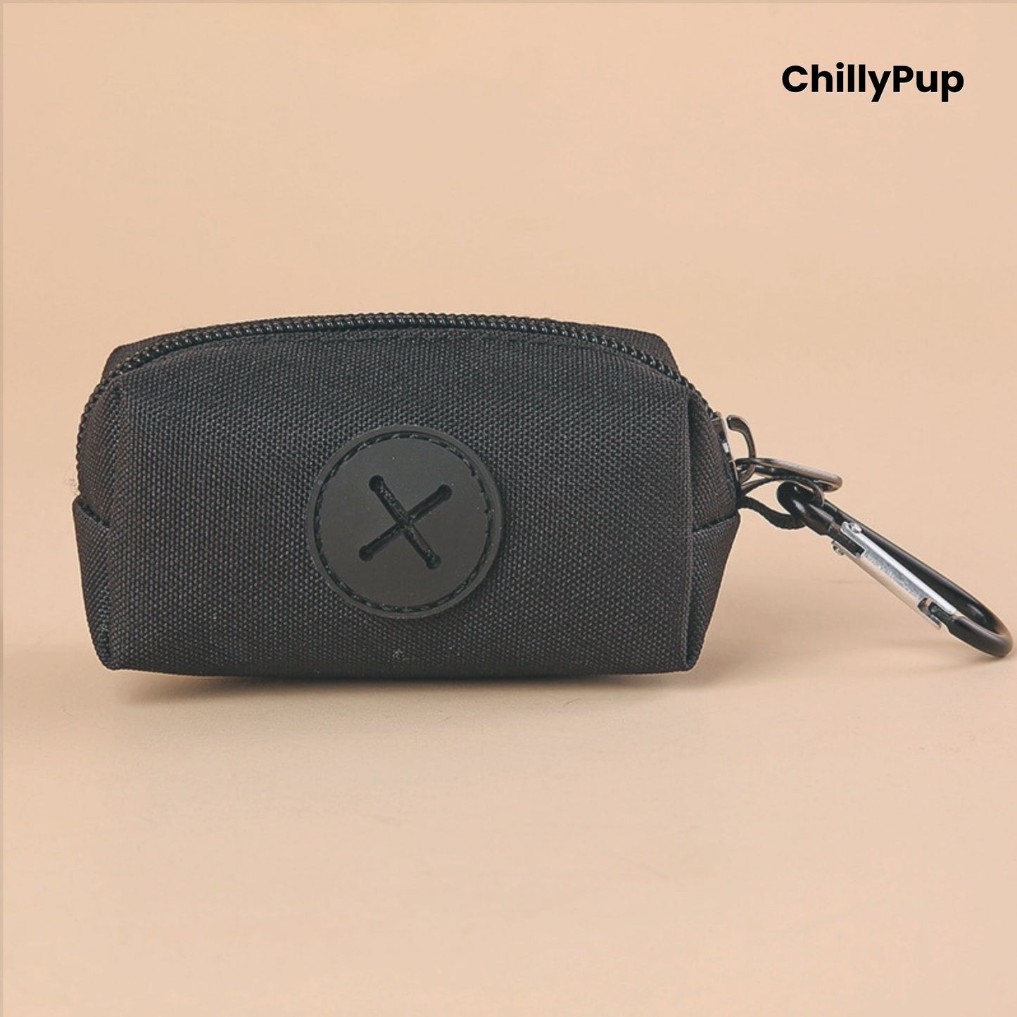 Black Poo Bag Holder with black zipper and carabiner on a beige background, featuring the brand 'ChillyPup'.