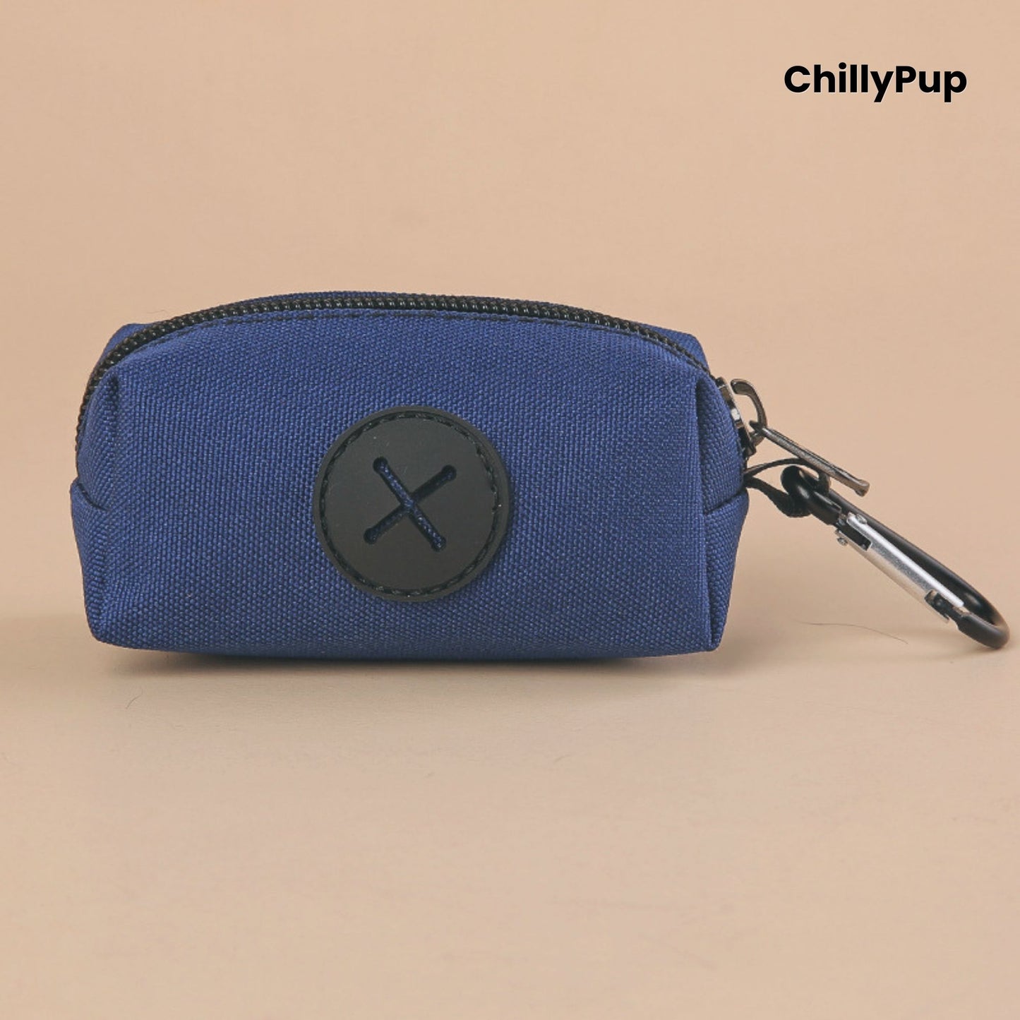 Blue Poo Bag Holder with black zipper and carabiner on a beige background, featuring the brand 'ChillyPup'.