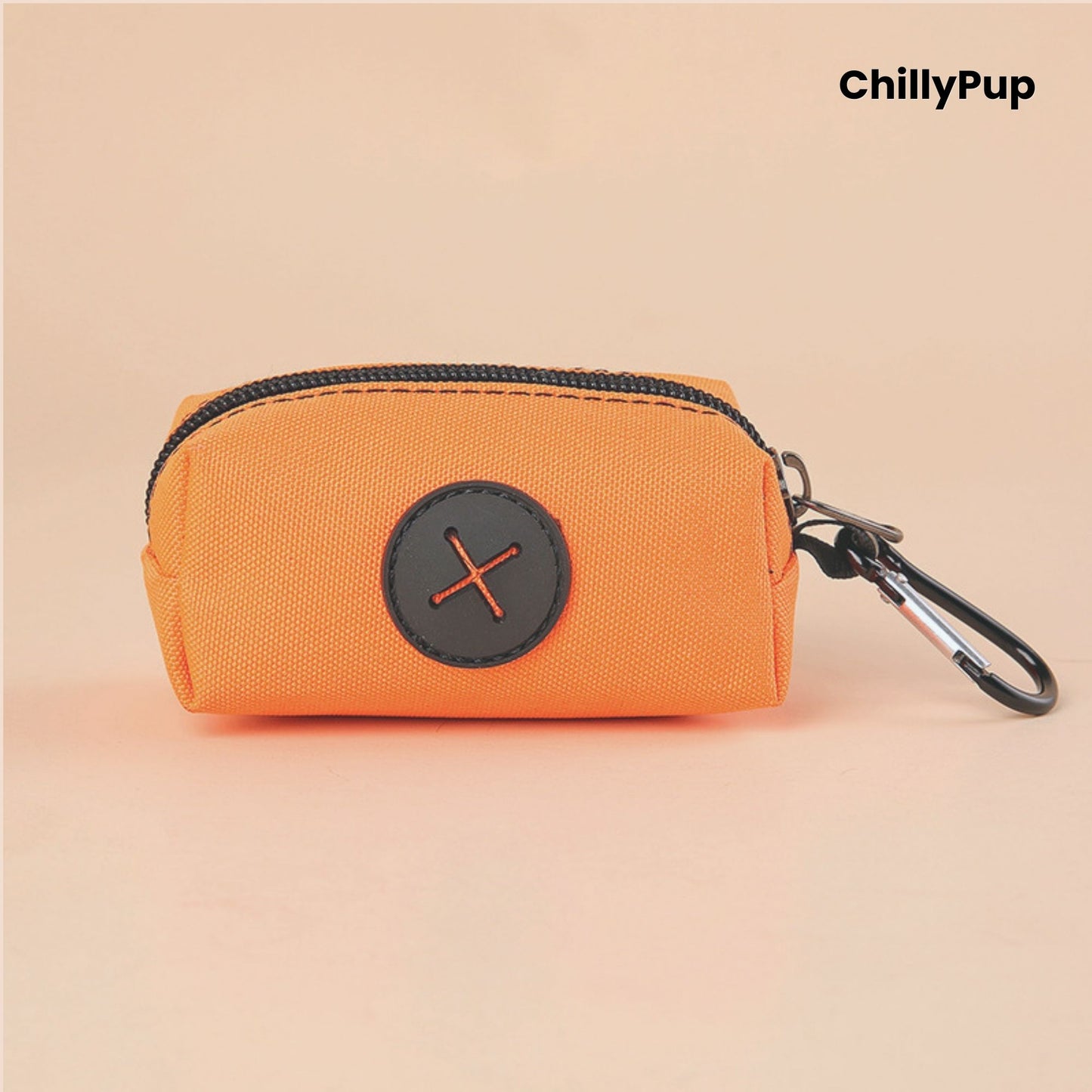 Orange Poo Bag Holder with black zipper and carabiner on a beige background, featuring the brand 'ChillyPup'.